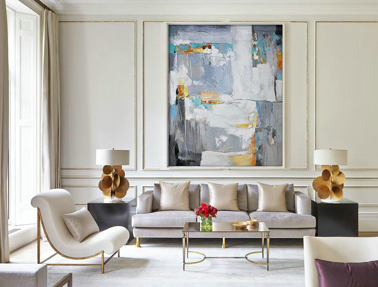 Big Canvas Painting,Vertical Palette Knife Contemporary Art,Extra Large Canvas Painting,White,Grey,Yellow.etc